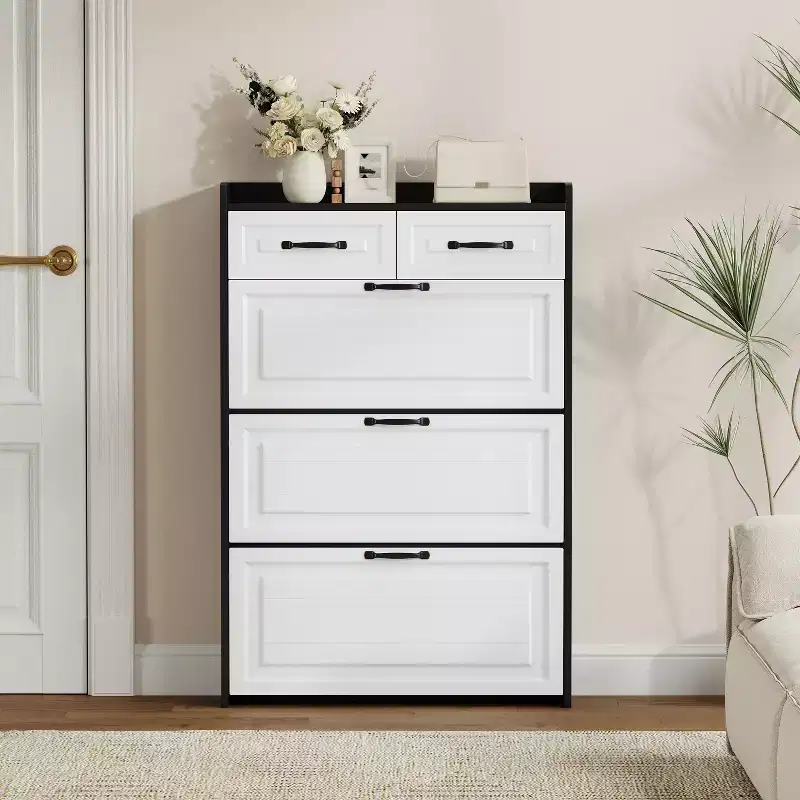 Narrow Shoe Organizer Cabinet with 3 Large Flip Drawers & 2 Storage Drawers - Slim Shoe Storage for Entryway, Hallway, Bedroom