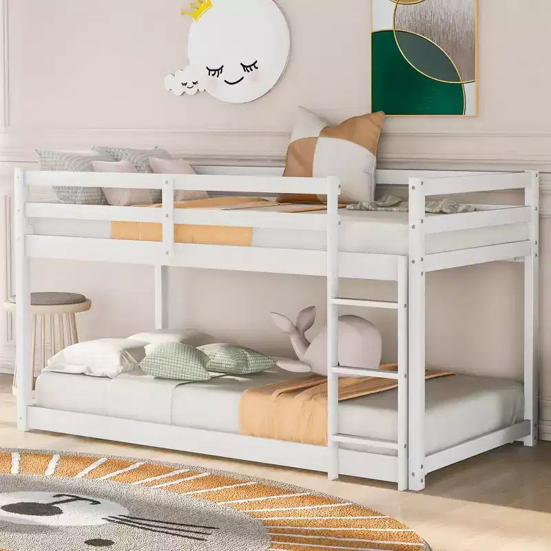 Whisen Stylish and Simple Wood Twin over Twin Floor Bunk Bed with Ladder