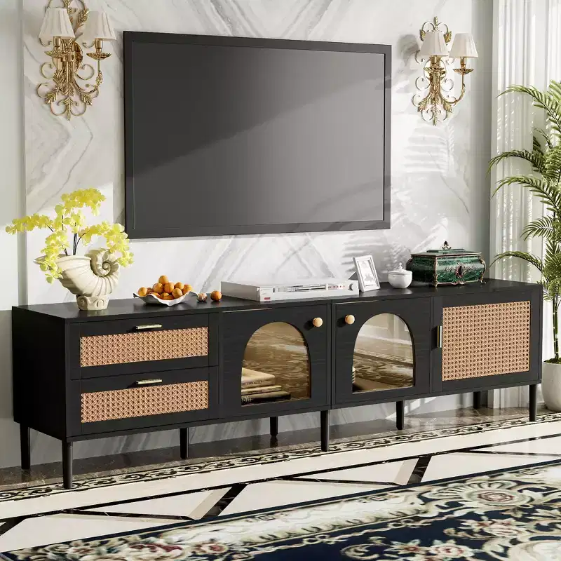 Rattan TV Stand with LED Light for 70 inch TV, Wood TV Storage Cabinet Table with Drawers for Living Room, Black