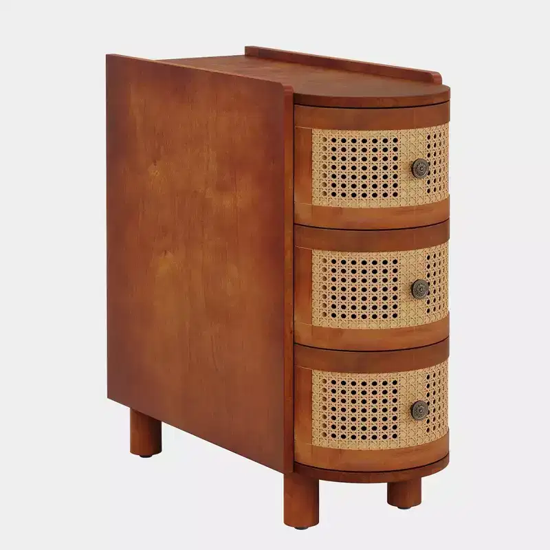 Solid Wood End Table with 3 Rattan Drawers and Exquisite Embossed Handles, No Assembly Required