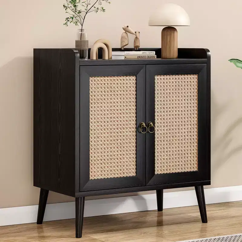 TUYOHW Buffet Server Cabinet,Kitchen Storage Sideboard with Rattan Doors,Desktop Baffle Strip,Credenza Console Cabinet for Dining Room,Living Room
