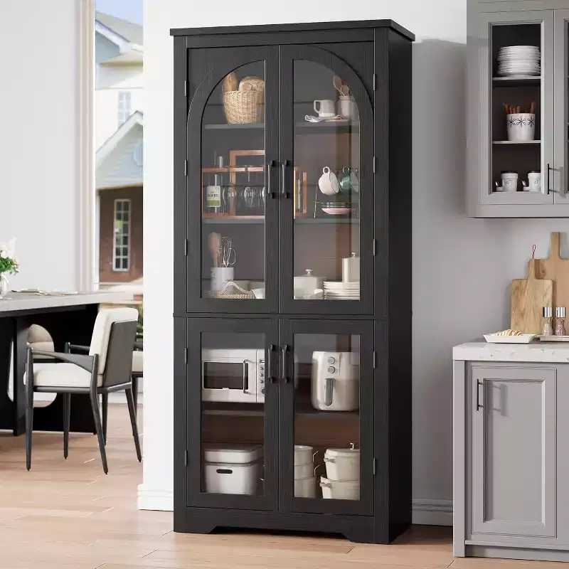 70 Tall Kitchen Pantry Cabinet - with 4 Arched Glass Doors and Adjustable Shelves, for Kitchen, Dining Room, Living Room, Bathroom