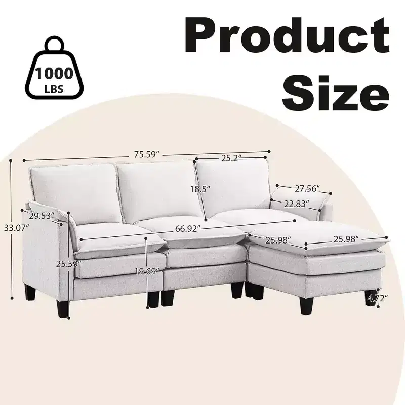 HYLEORY 75.59'' Width Modern Linen Flannel Fabric L-Shaped Sectional Sofa with Ottoman for living room
