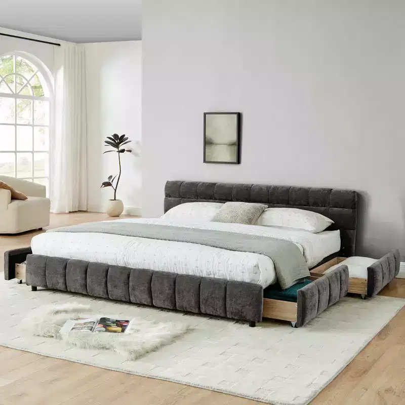 King Size Upholstered Bed with Chenille Headboard, Storage Drawers and Solid Bed Frame, Dark Gray