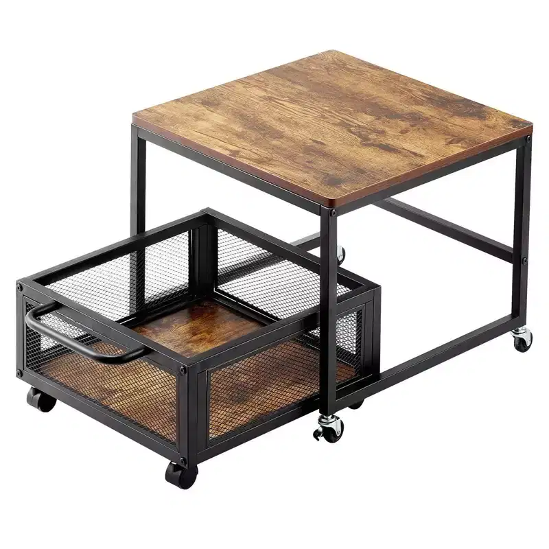 VIYET 17H Mini Fridge Stand with Storage - Movable Cart, Swivel Wheels, Light Brown