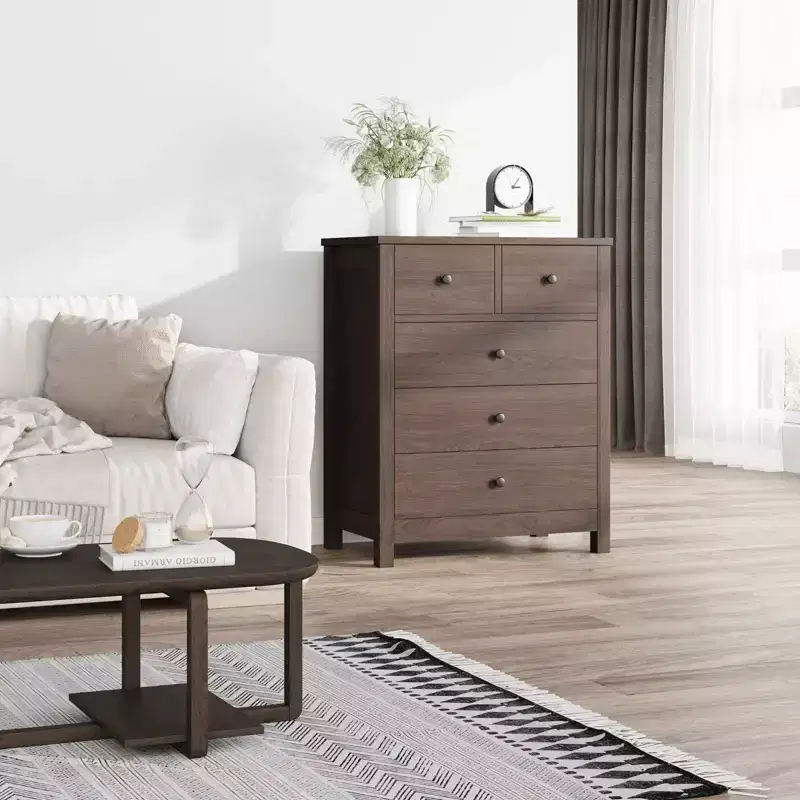 5 Drawer Wood Dresser with Deep Storage Drawers, Sturdy Entryway Cabinet with Round Handles for Bedroom Living Room Office