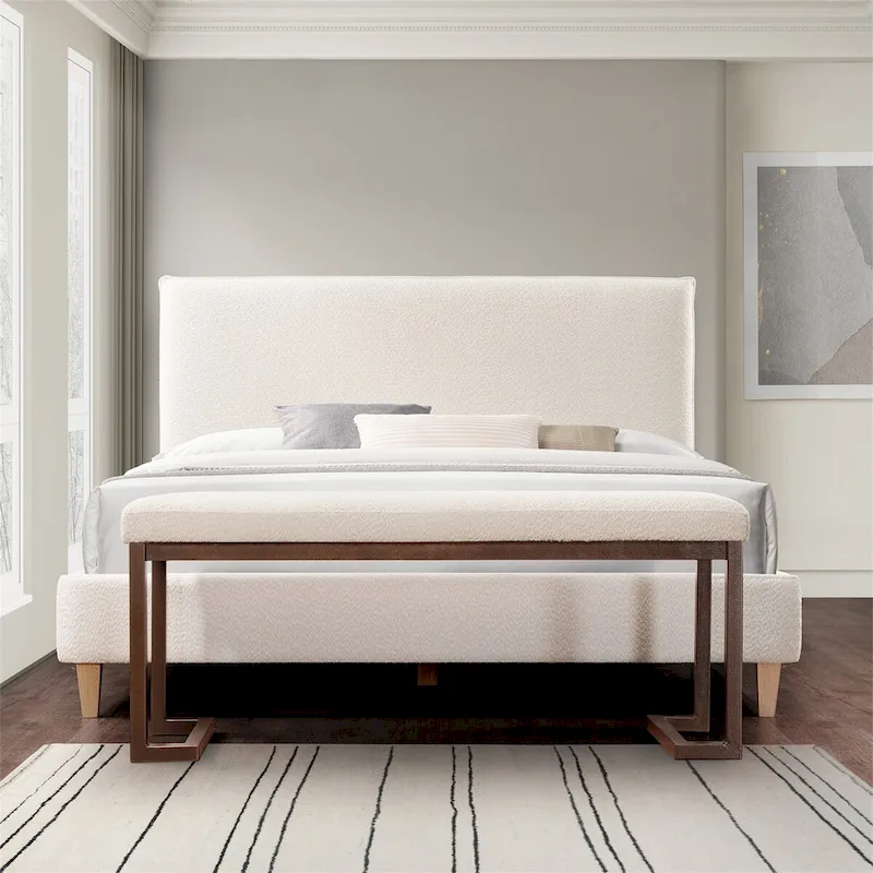 Boucle Upholstered Accent Bench – Grey / Beige, Metal Frame, Contemporary Style, Single