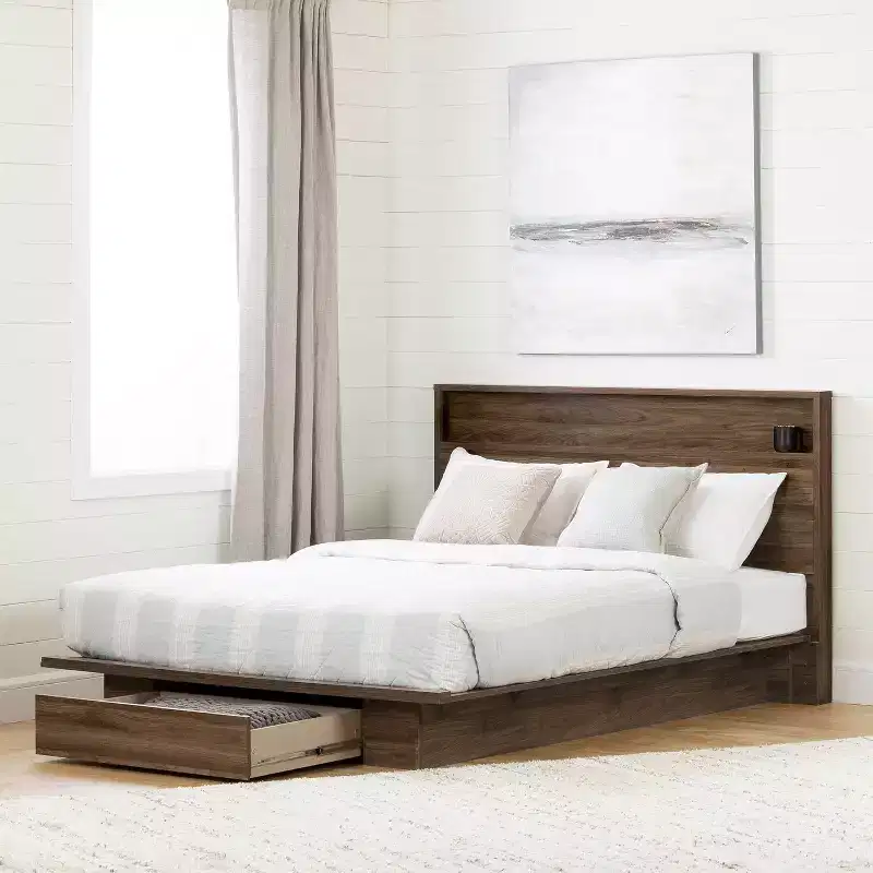 Adjustable Full to Queen Bed Frame with Storage Drawer, Particle Board, Brown