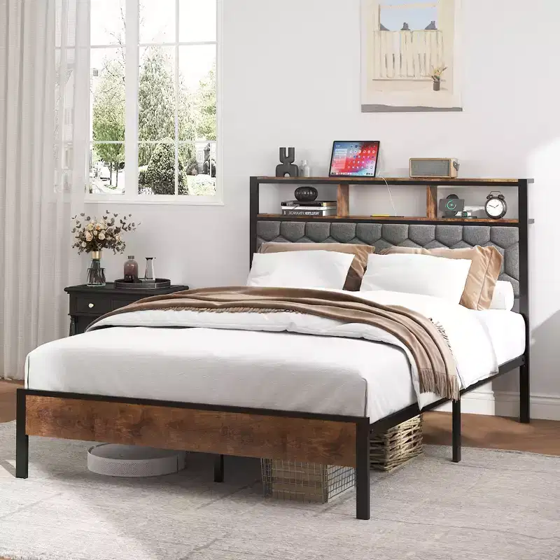 Full/Queen/King Size Platform Bed with Upholstered Headboard, Wooden Platform Bed Frame with Storage and 2 USB, Large Under Bed Storage, Brown