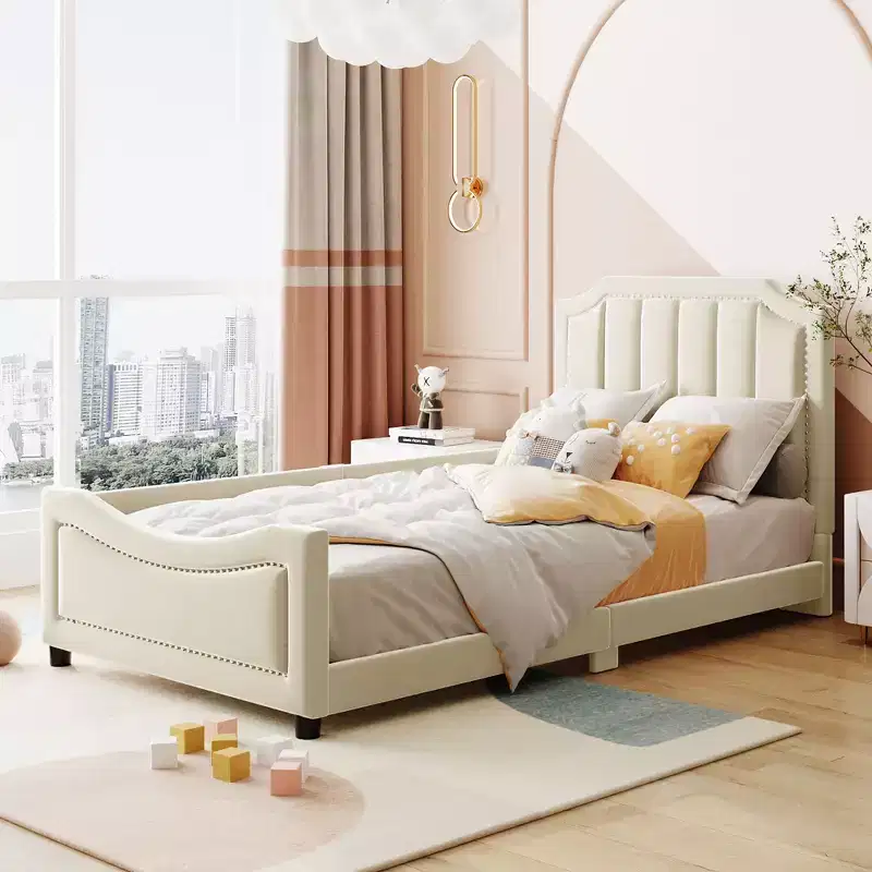 Twin Size Upholstered Daybed with Stripe Shaped Headboard, Velvet Twin Daybed for Bedroom