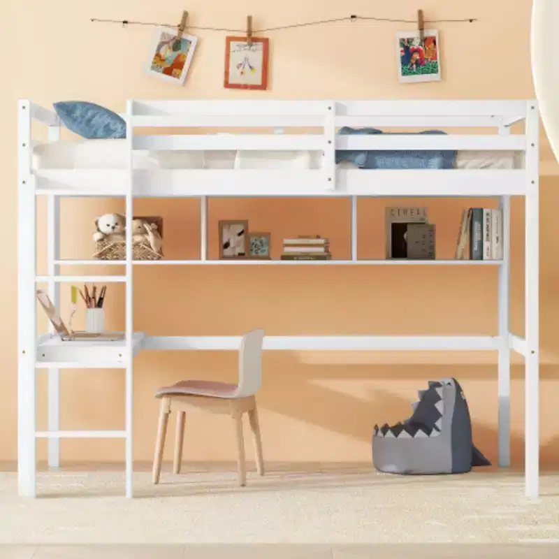 Double-Level Loft Bed with Integrated Desk and Storage Shelf – 65