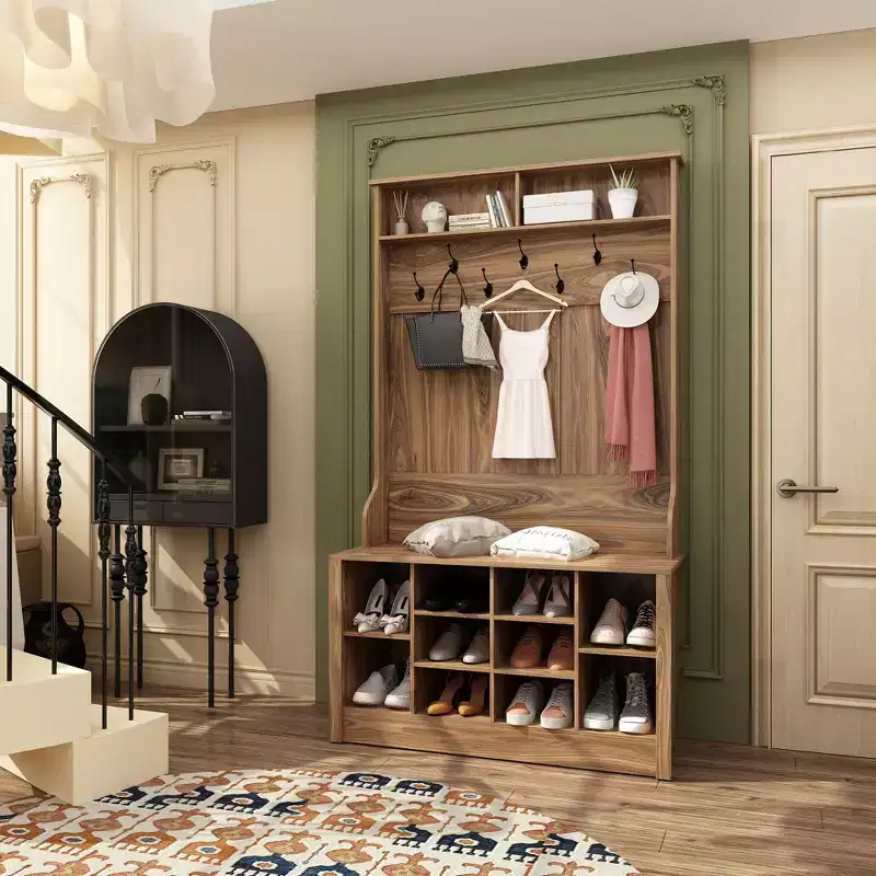 Famapy Wood 3-in-1 Hall Tree Bench with Double Hooks and Shelves