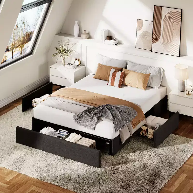 Bed Frame with 3 Storage Drawers, Fabric Upholstered Platform Bed with Wooden Slats, No Box Spring Needed, Easy Assembly, Grey