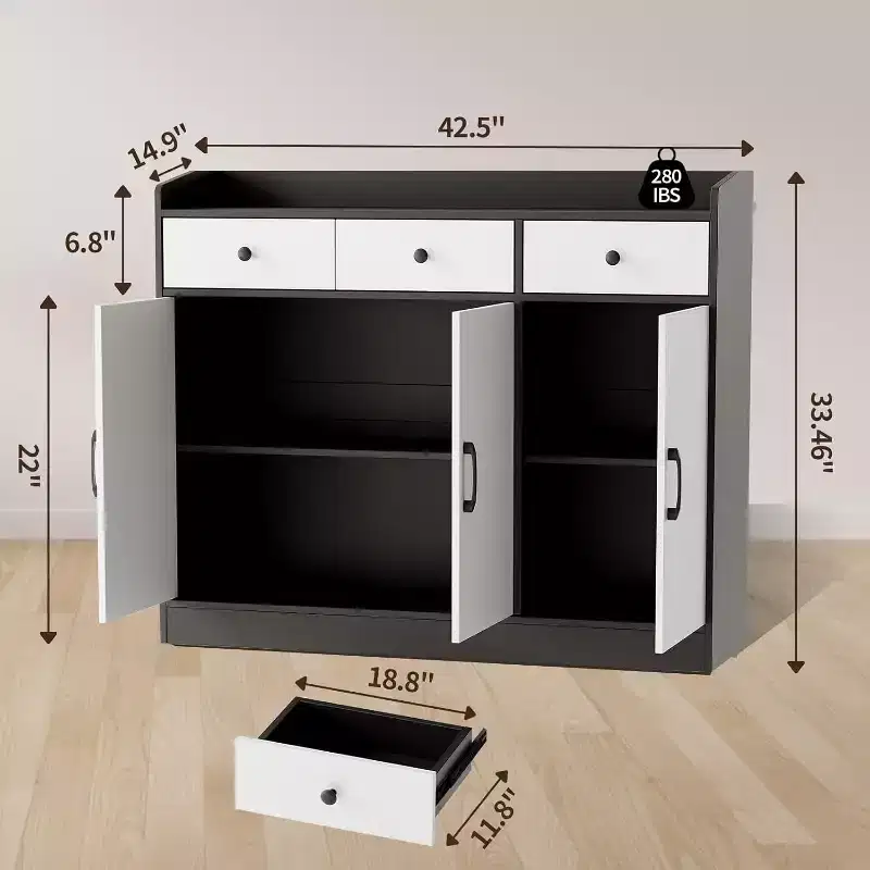 42.5 Inch Sideboard Buffet Cabinet,Modern Kitchen Storage Cabinet with Adjustable Shelves,Wooden Cupboard with 3 Drawers for Living Room,Dining Room