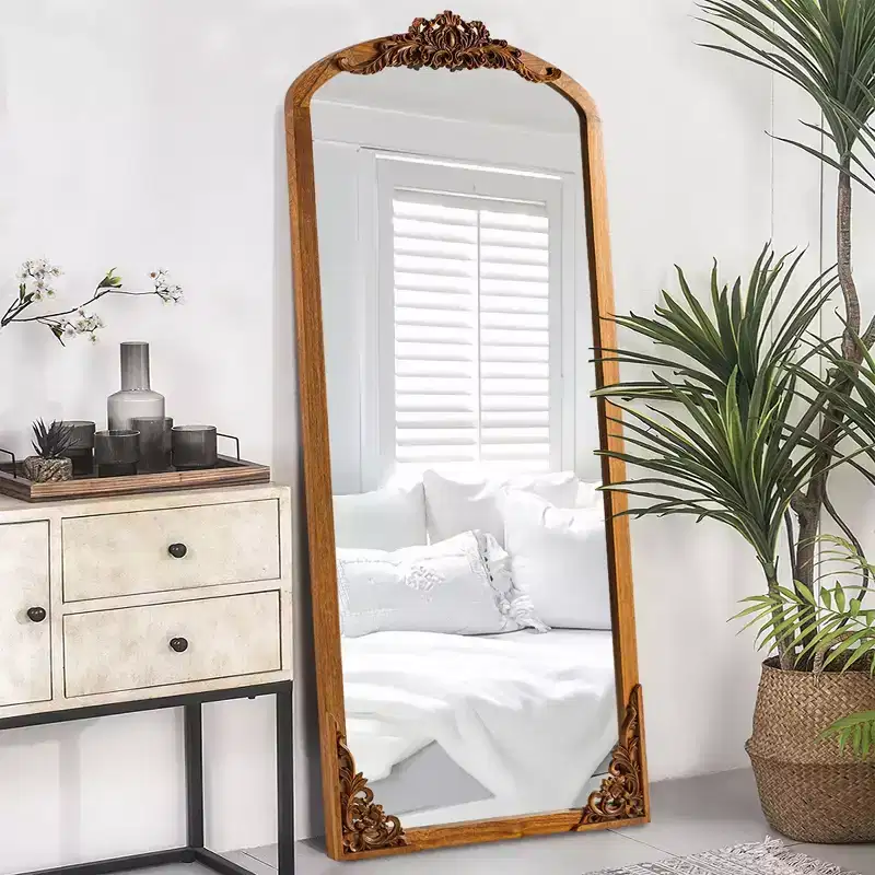 30 in. W x 69 in. H Rustic Arched Solid Wood Framed DIY Carved Full Length Mirror in Gold