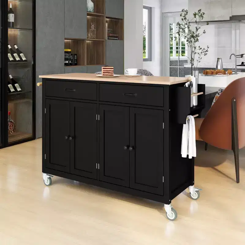 Whisen Modern Wood Kitchen Island with Spice Rack and Drawers
