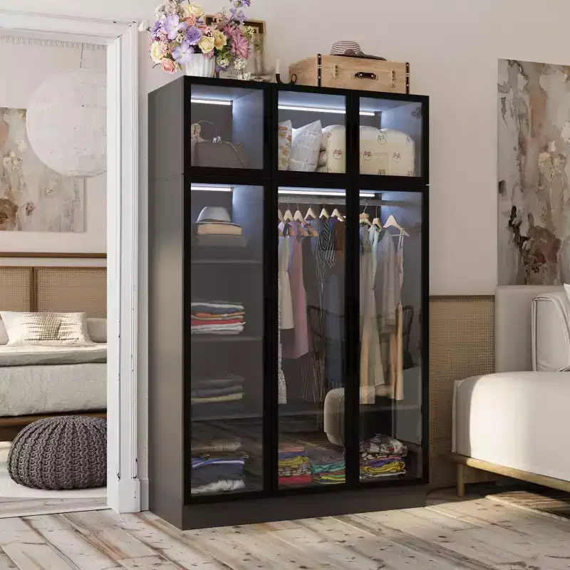Famapy Display Cabinet Armoire LED Light Glass Door Closet Wardrobe Black