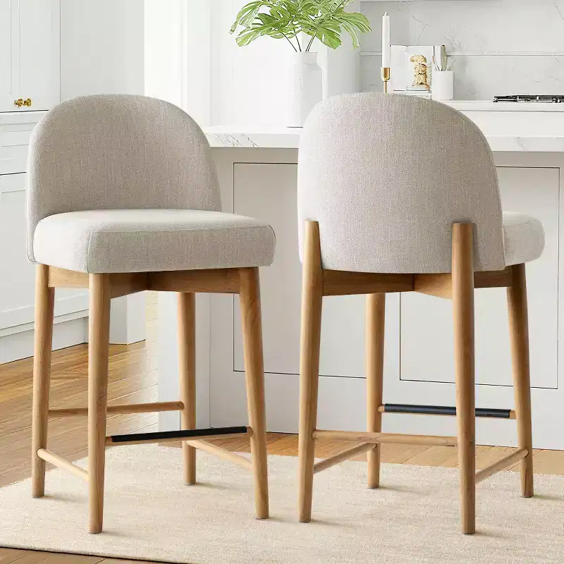 Set of 2 Modern Counter Height Bar Stools, 26 Upholstered Linen Kitchen Island Chairs with Solid Wood Legs & Curved Back - Panipeachy