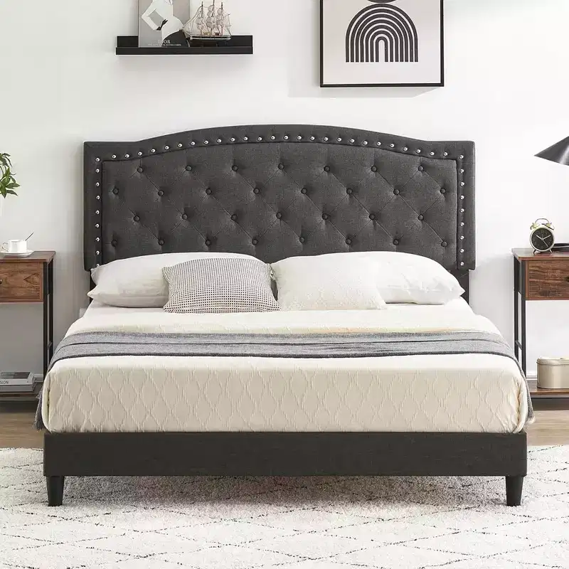 Queen Size Platform Bed Frame, Queen Upholstered Bed Frame with Adjustable Headboard, Heavy-Duty Slats Support, No Box Spring Needed, Gray