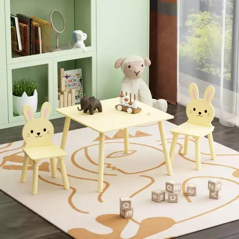 Kids Table and Chair Set with 2 Bunny Chairs, Children's Wooden Activity Table for Toddlers, Cute Animal Design Study Play Set for Playroom