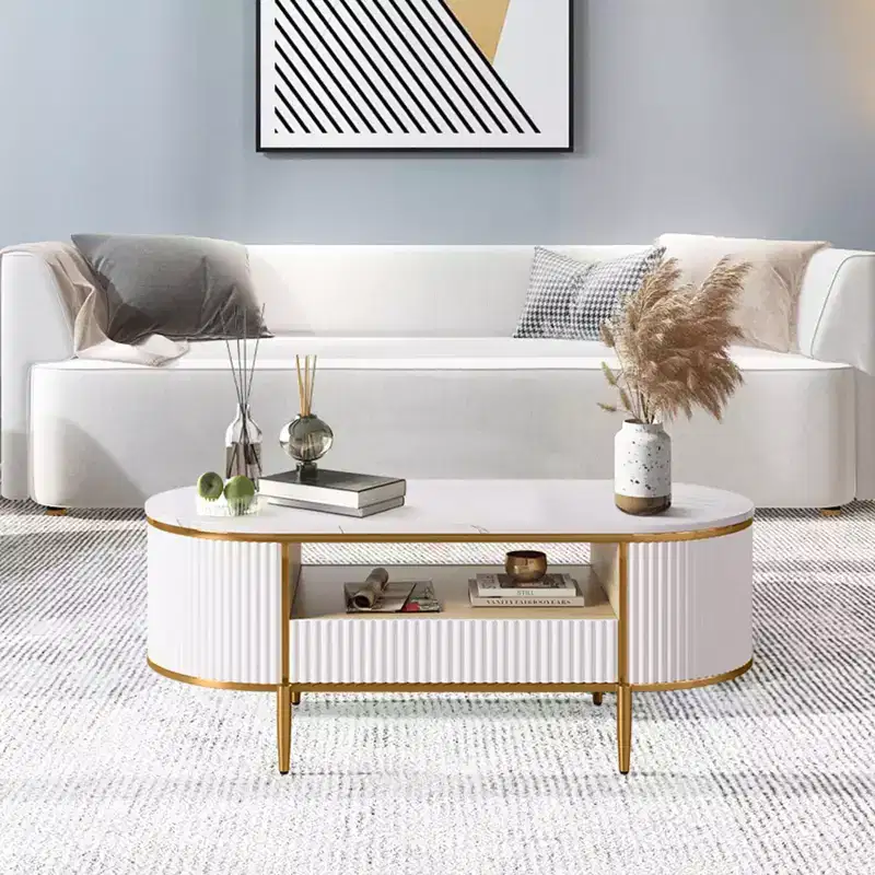 Oval Coffee Table with Storage, Faux Marble Top, Gold Metal Legs, White