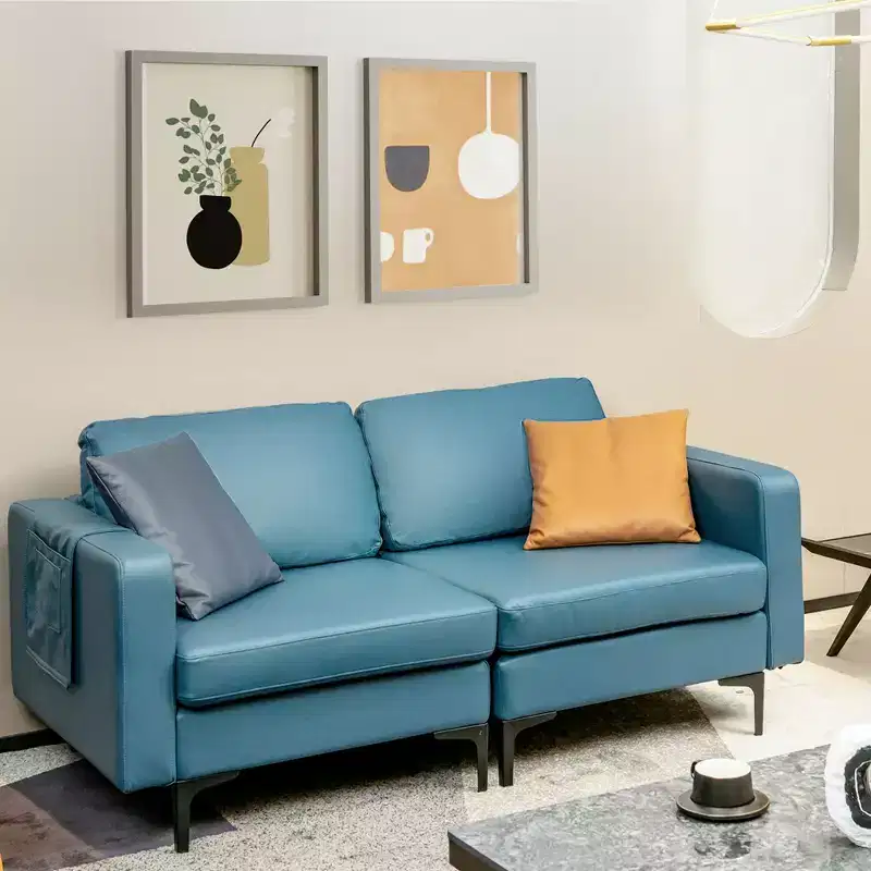 Costway Modern Loveseat Leathaire Fabric 2-Seat Sofa Couch w/ Side Storage Pocket