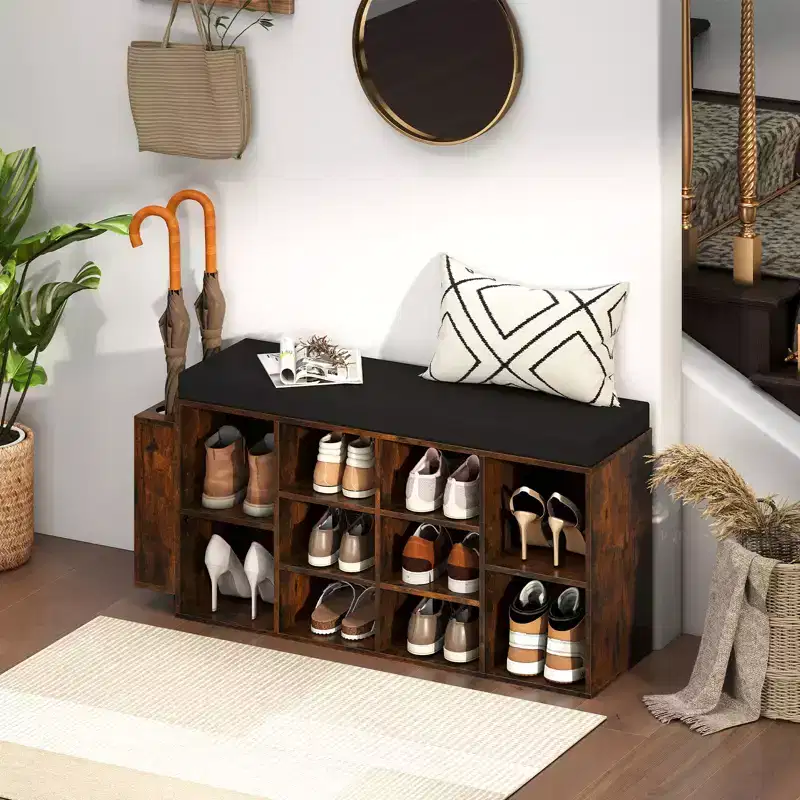 Costway Shoe Storage Bench w/Umbrella StandPadded Seat Adjustable & Removable Shelves