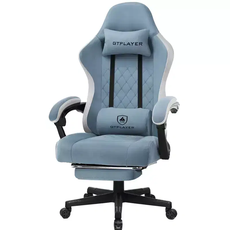 Gaming Chair with Linkage Armrests - Light Blue Fabric, Pocket Springs, Retractable Footrest