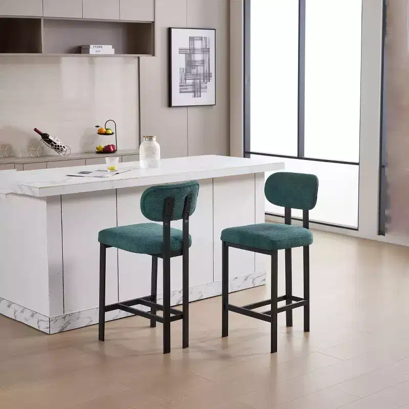 2 Upholstered Fabric Counter Height Bar Stools for Dining Rooms, Armless Chairs Kitchen Island Stools with Black Metal Legs