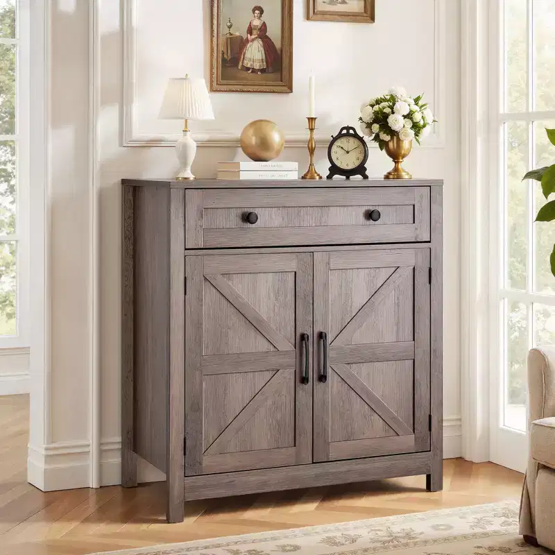 VEVOR Coffee Bar Cabinet, Farmhouse Coffee Bar Table with Drawer, Buffet Stand Cabinet with 2 Barn Doors, 29.5 x 14.7 x 31.5 in, Grey