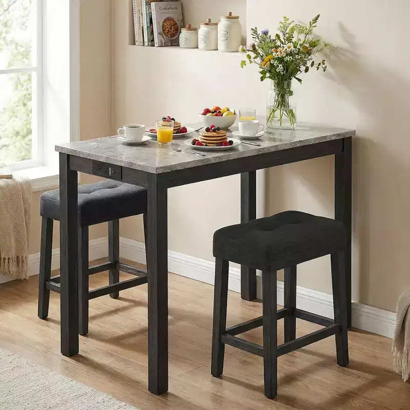 Costway 3 PCS Bar Table Set w/ Charging Station Modern Counter Height Breakfast Table