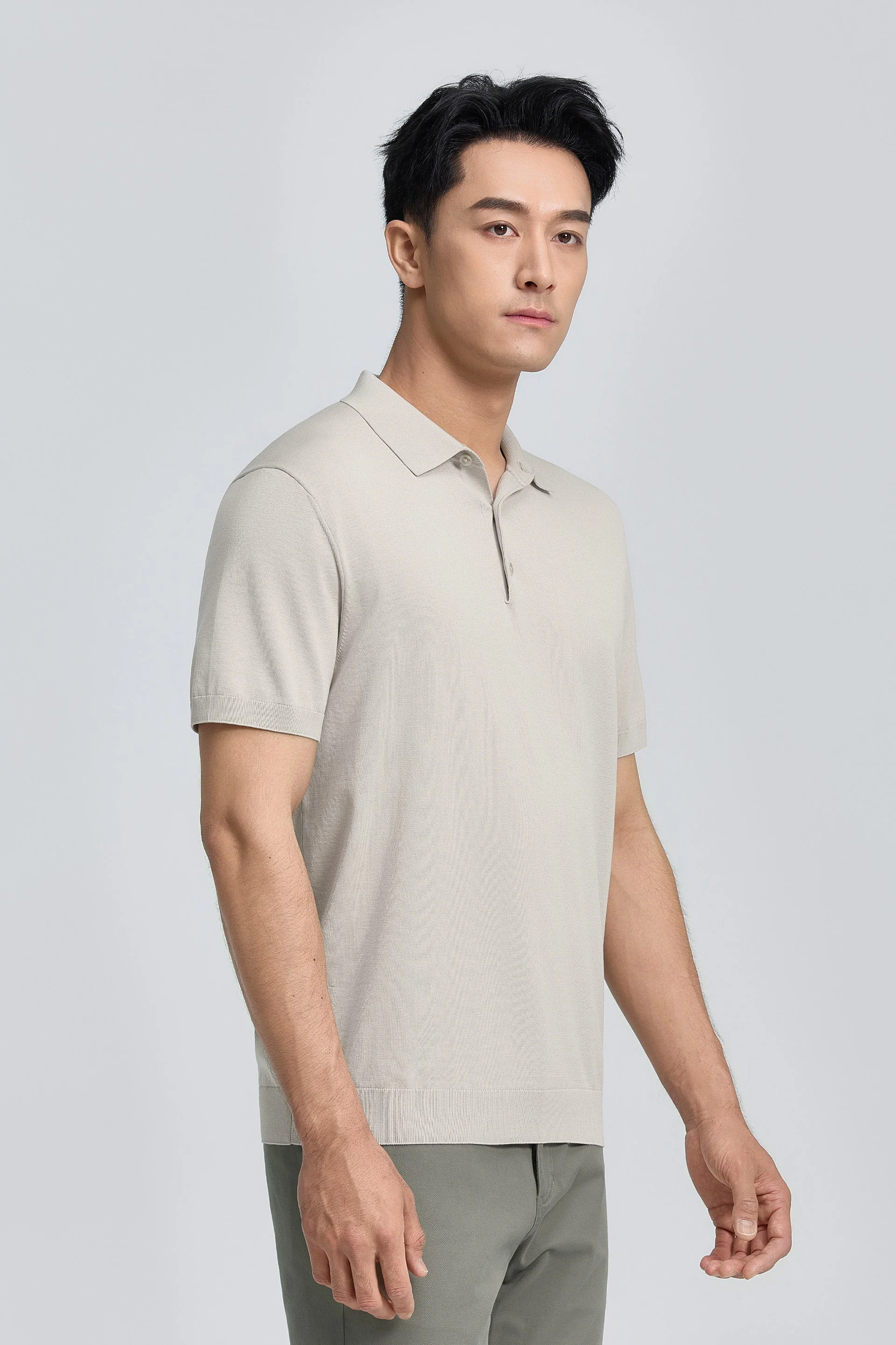 Flat-Knit Three-Button Sweater Polo – Silver Grey