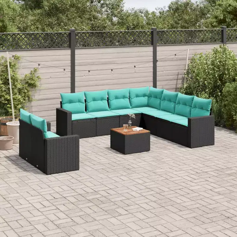 vidaXL 10 Piece Patio Sofa Set with Cushions Black Poly Rattan