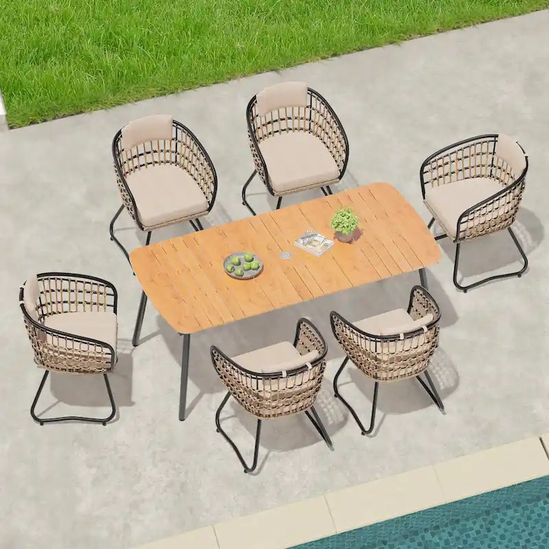7-Piece Patio Dining Set Aluminum Outdoor Table with Umbrella Hole with Rattan Chairs