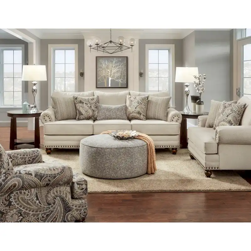 Beige Transitional Loveseat with Nailhead Trim