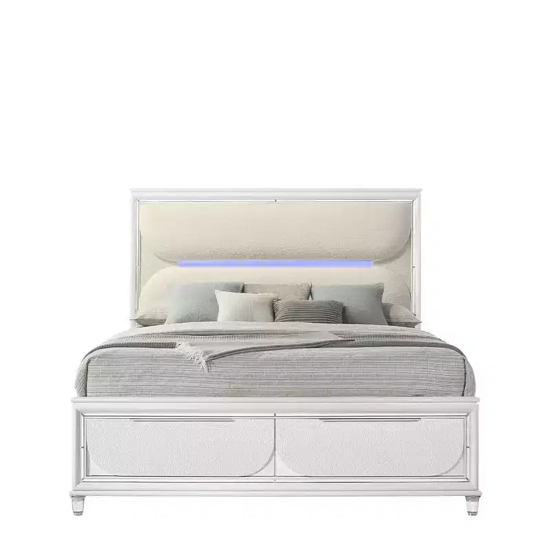 63.9" Queen Bed Tarian Bed White Boucle Pearl White Finish - Acme Furniture: LED Light Headboard, Storage Footboard