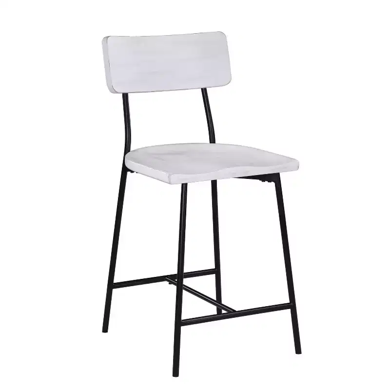 Counter Height Barstool – Whitewash, Saddle Seat, Curved Back, Metal Frame