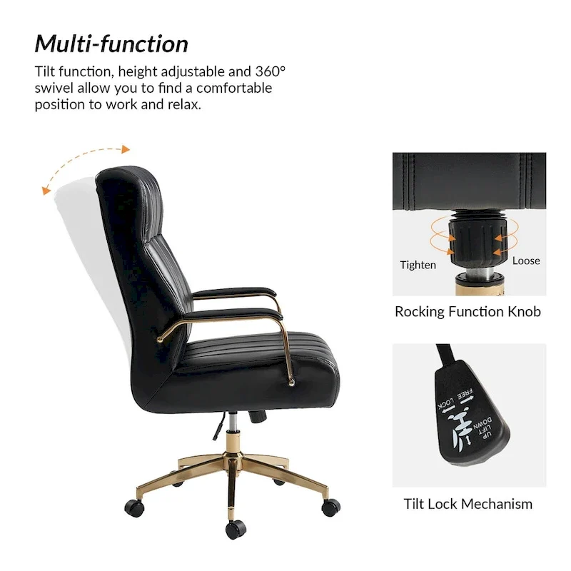 Mid-Century Modern Vegan Leather Swivel Tilting Office Chair with Channel Tufted and Metal Feet