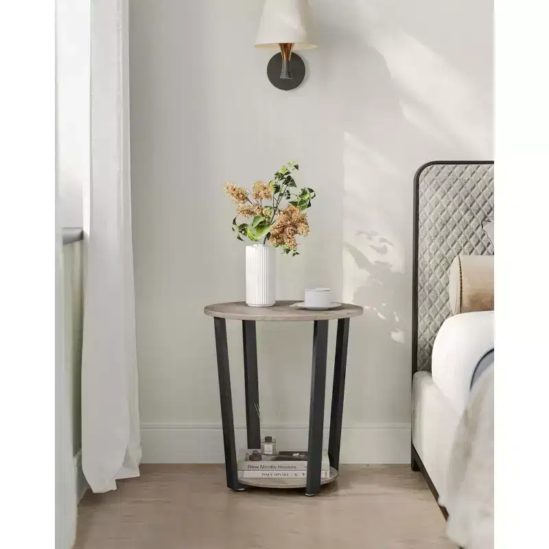 Round Side Table with Storage Shelf Industrial Steel Frame
