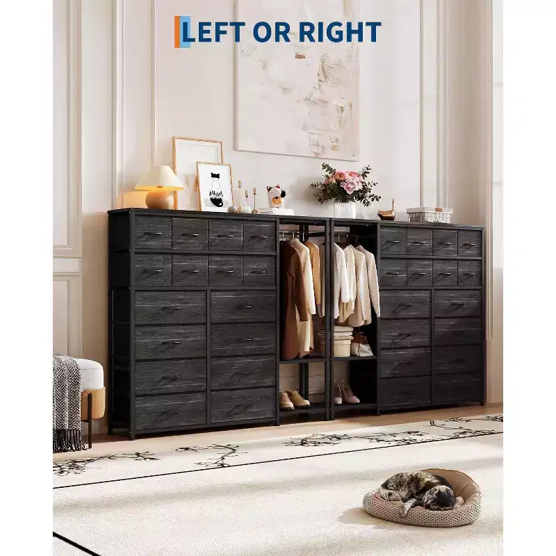 Dresser with 16 Drawers & Hanging Rod & Shelves, Fabric Storage Organizer for Bedroom, Closet, or Entryway
