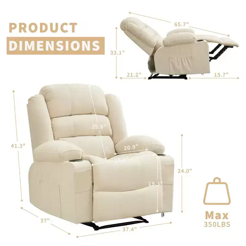 COZONY Wide Rocker Recliner Chair for Adults, Manual Oversized Lounge Chair with Armrest, Backrest, 2 Cup Holders & Side Pocket for Living Room