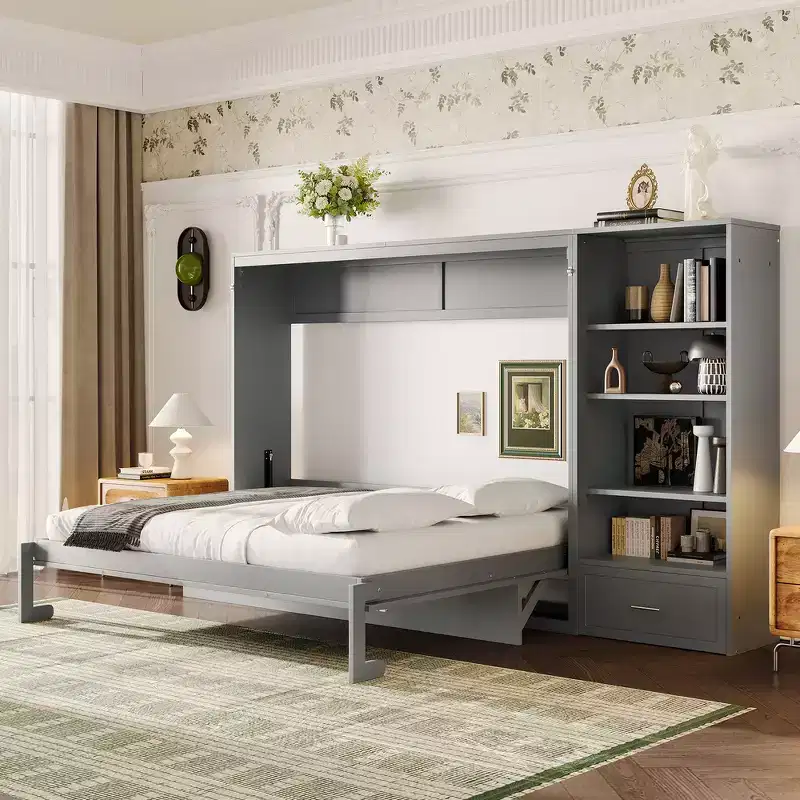 Queen Foldable Platform Bed & Murphy Bed with Height Adjustable Storage Compartments