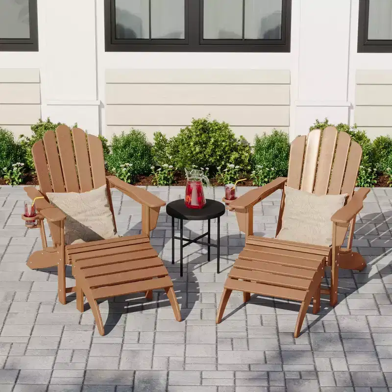 WestinTrends Highland 4-Piece Outdoor Patio HDPE Adirondack Chairs With Ottomans and Cup Holder Set, Teak