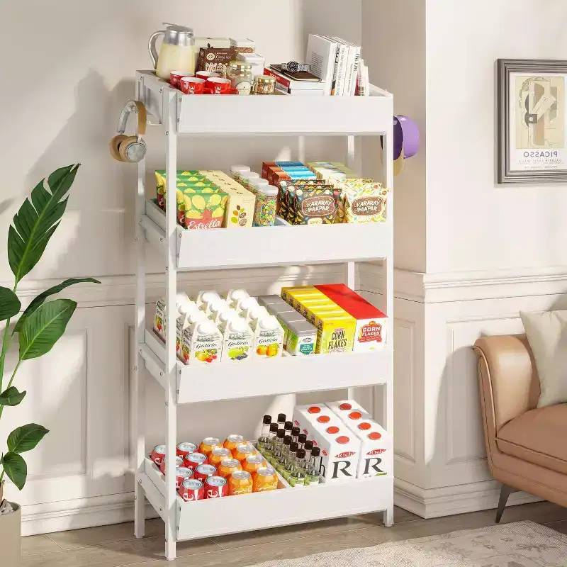 Lantine 4-Tier Retail Snack Display Shelf with 4 Hooks, suitable for vendors, store, supermarket and home kitchen.