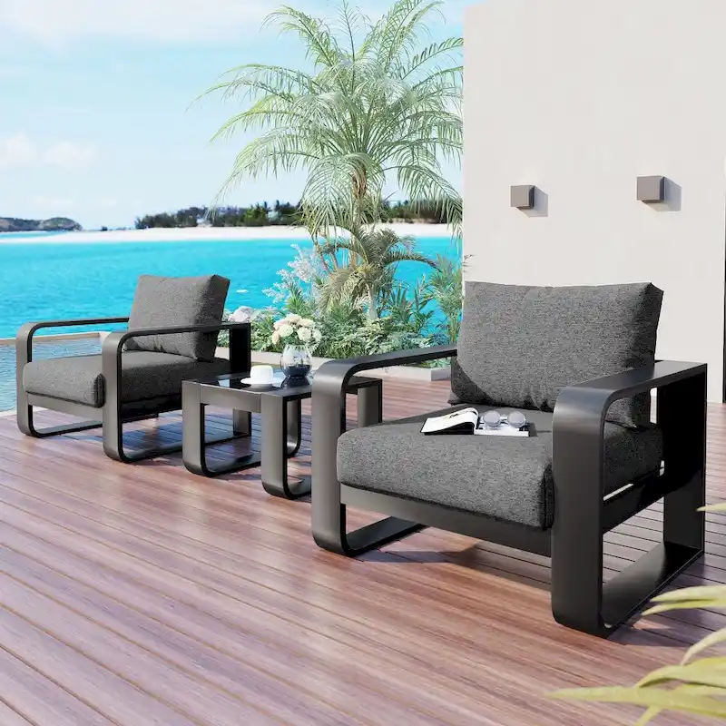 3-Pieces Aluminum Frame Patio Furniture Set With Cushions and Coffee Table