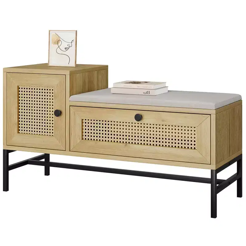 Shoe Bench, Entryway Bench  Rattan Storage Bench with Flip Drawer Natural Oak for Hallway/Bedroom