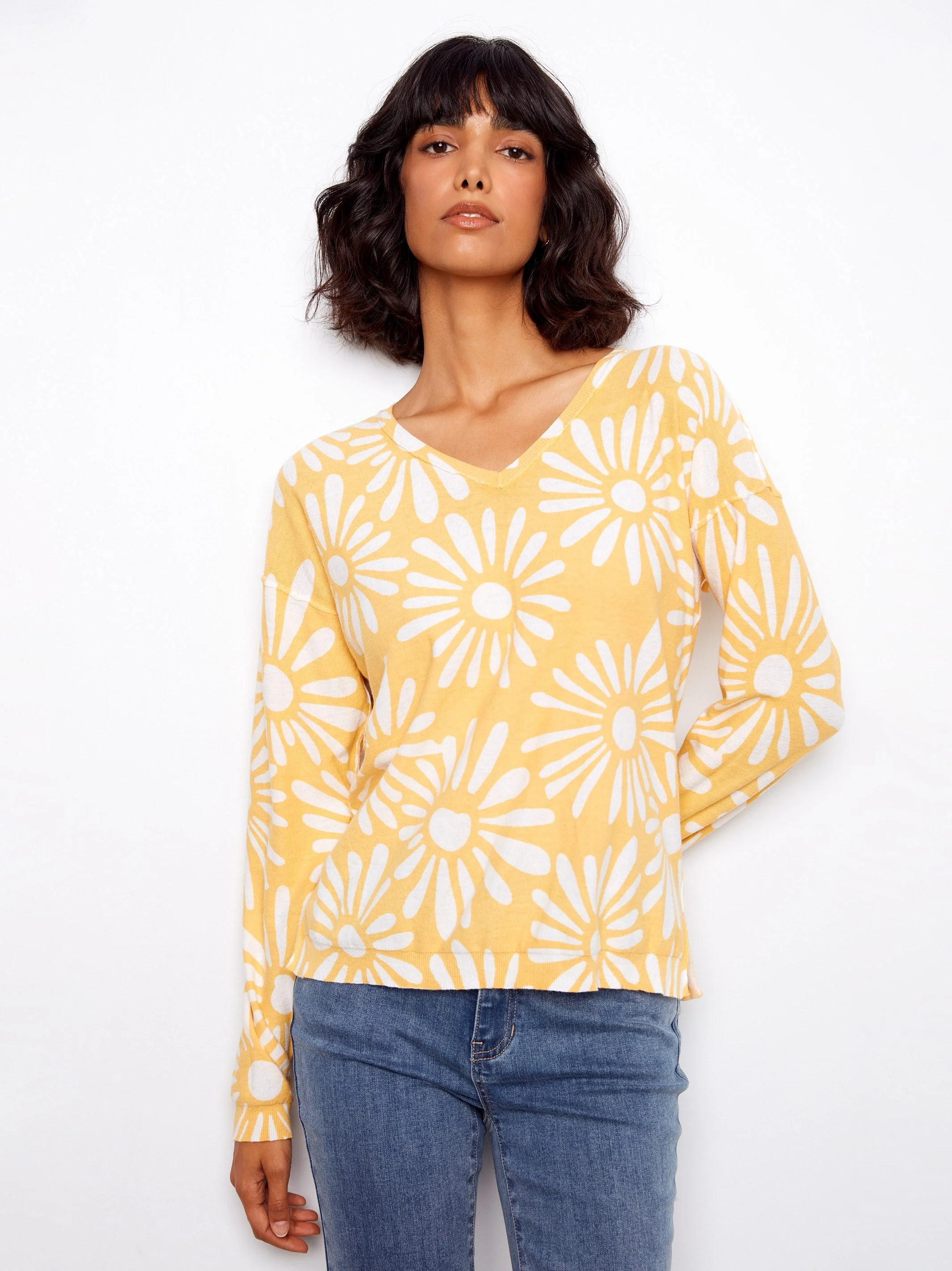 Reversible Printed V-Neck Sweater - Yellow