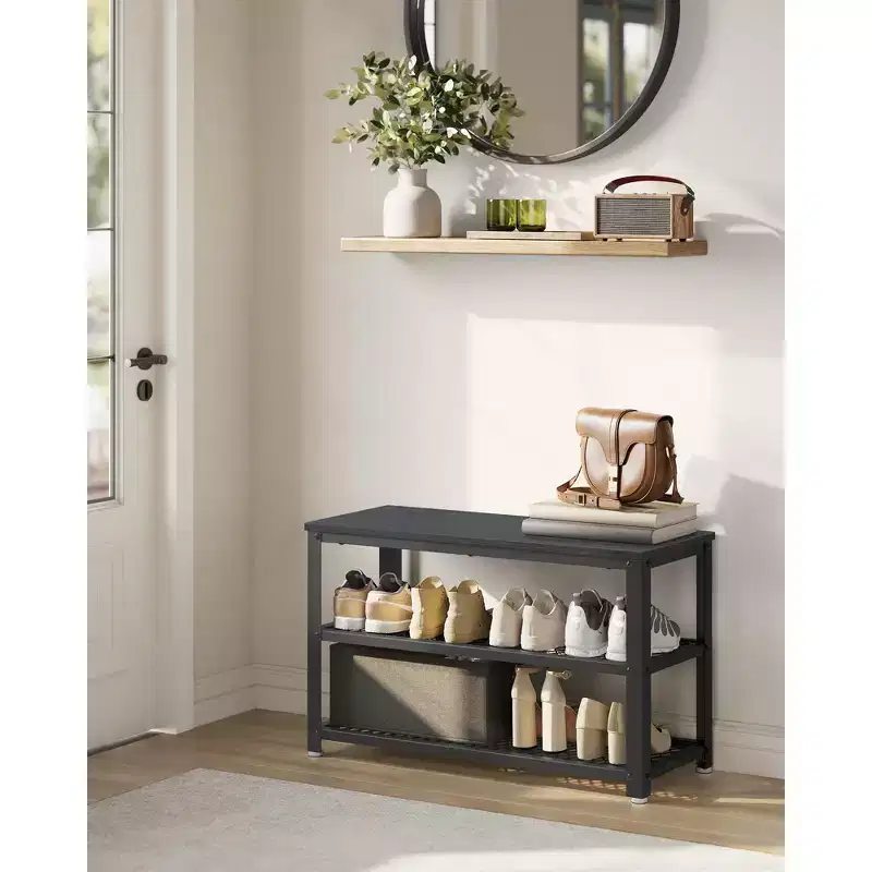 28.7 Shoe Rack Bench 3-Tier Shoe Shelf Storage Bench with Metal Mesh Shelves and Seat Shoe Rack