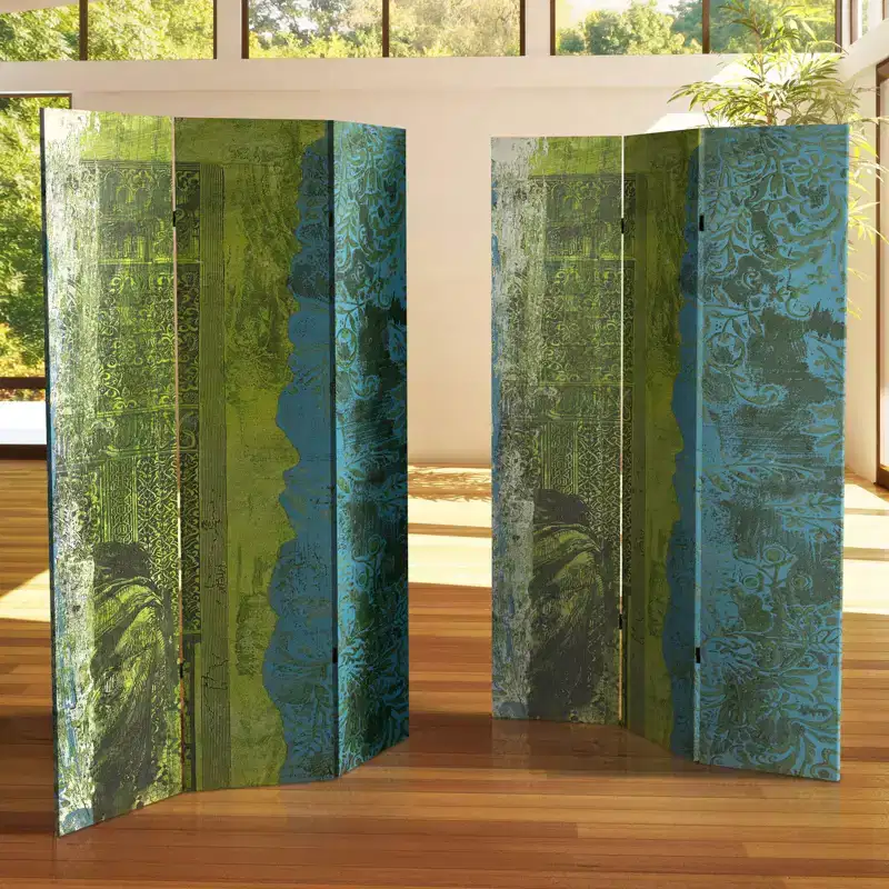 6" Double Sided Philosopher's Gate Canvas Room Divider Green: Oriental Furniture, Adjustable 3-Panel Screen