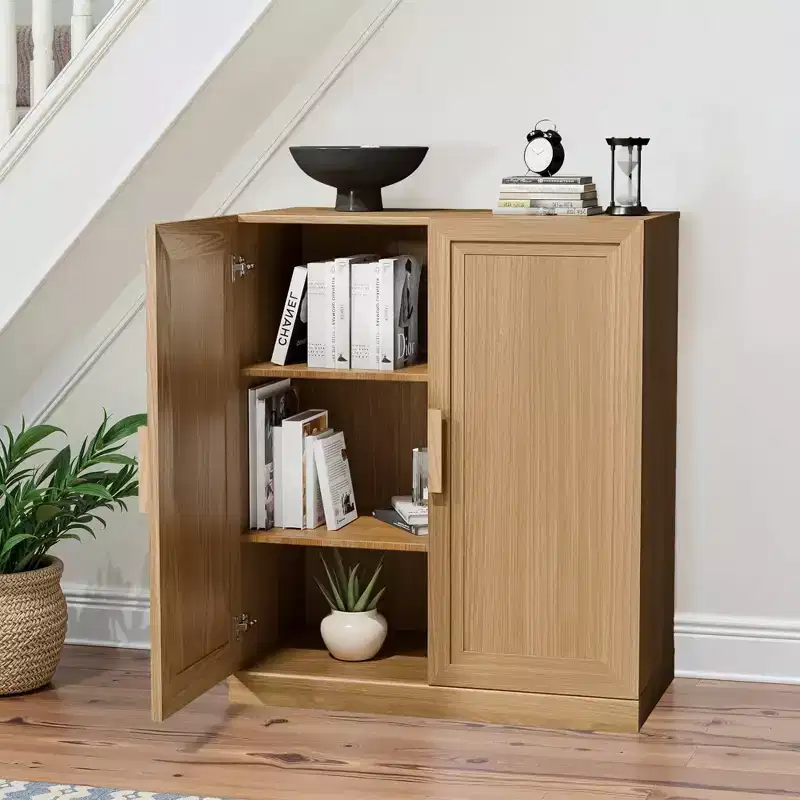 36x31x16 Wood Accent Cabinet in Natural Color, Storage Organizer with Adjustable Shelves for Kitchen Bedroom Entryway Living Room Dinning Room